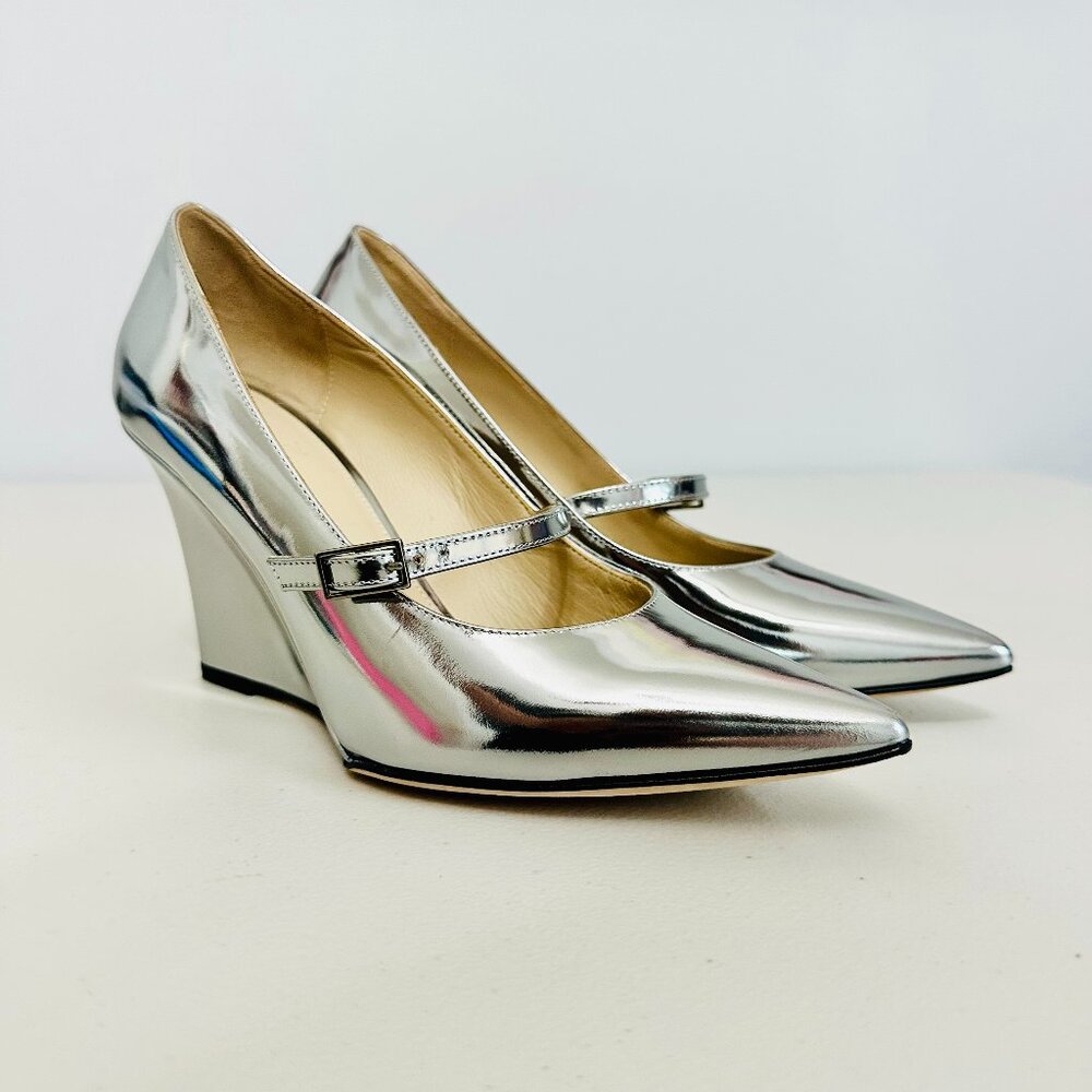 New Theory Metallic Silver Mirror Wedges Pointed Cap Toe Pumps Sandals Italy